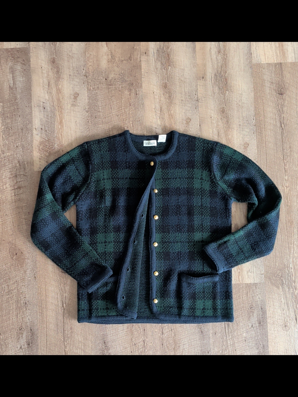 Classic Elements Black and Green Plaid Cardigan with Gold Buttons